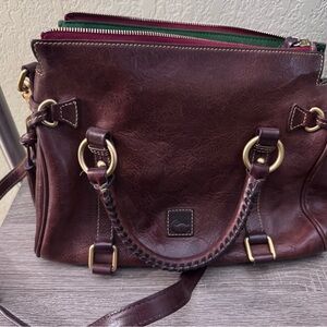 Dooney & Bourke Red and Brown Satchel with Gold Hardware